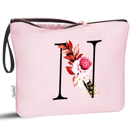 Image of Vavabox A-Z Personalized Makeup Bag, Birthday Gifts for Women Mom, Gifts for Best Friend, Bride Bridesmaid Cosmetic bag (N, 06-Pink)