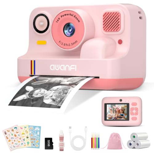 AWANFI Instant Print kindercamera, 2,4 inch Instantcamera voor Kinderen met 32G-Kaart en 3 Papieren Rollen, 1080P Digitale Camera voor Kinderen, Geschenk voor Jongens en Meisjes 3 tot 12 Jaar