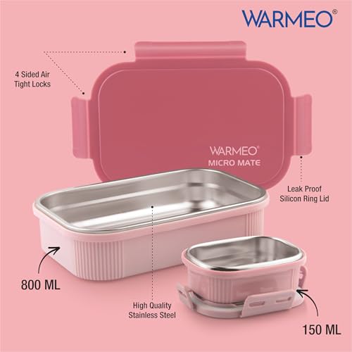 Image of WARMEO MICROMATE Microwave-Safe Stainless Steel Lunch Box, Bpa Free, Perfect for Office, School, Travelling, Combo(800ml+150 ml), Pink
