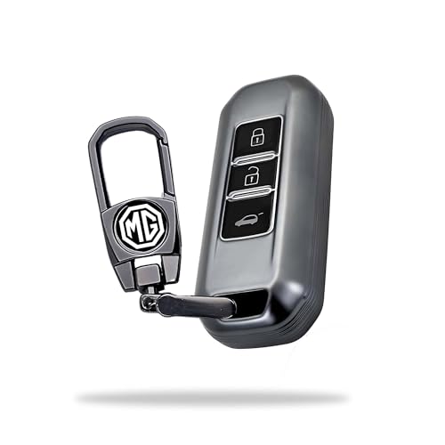 Image of SIAGO Premium TPU Car Key Cover and Metal Keychain Compatible with Morris, Garages, MG Hector 3 Button Flip Key (Grey)