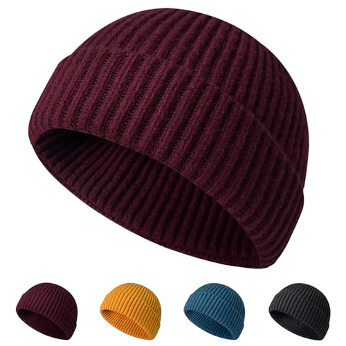 NAHOSY Fisherman Beanie for Men Women, Short Knit Cuffed Fashion Trawler Skull Cap Unisex Beanie Swag Hat Warm Winter Hat, Wine Red