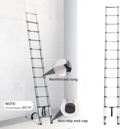 Telescoping Ladder 12.5FT,BOWEITI Extension Step Ladder One Button Retraction,Stainless Steel Collapsible Ladder Slow Down Design for Home RV Loft,330 lbs Max Capacity