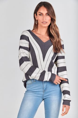 PRETTYGARDEN Sweaters for Women 2025 Long Sleeve Striped Knitted V Neck Pullover Jumper Tops Fall Outfits Fashion Clothing