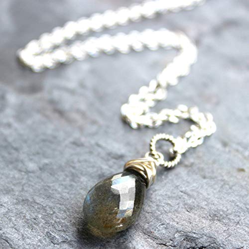 Labradorite Necklace Pendant Sterling Silver Gray Gemstone Faceted Stone #TOP5