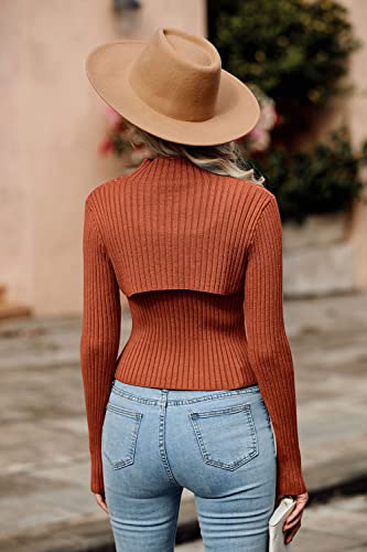 Prettygarden Women's 2023 Fashion Fall Clothes 2 Piece Cutout Tops Long Sleeve Mock Neck Rib Knit Winter Pullover Sweater (Rust Red,Medium) #TOP2