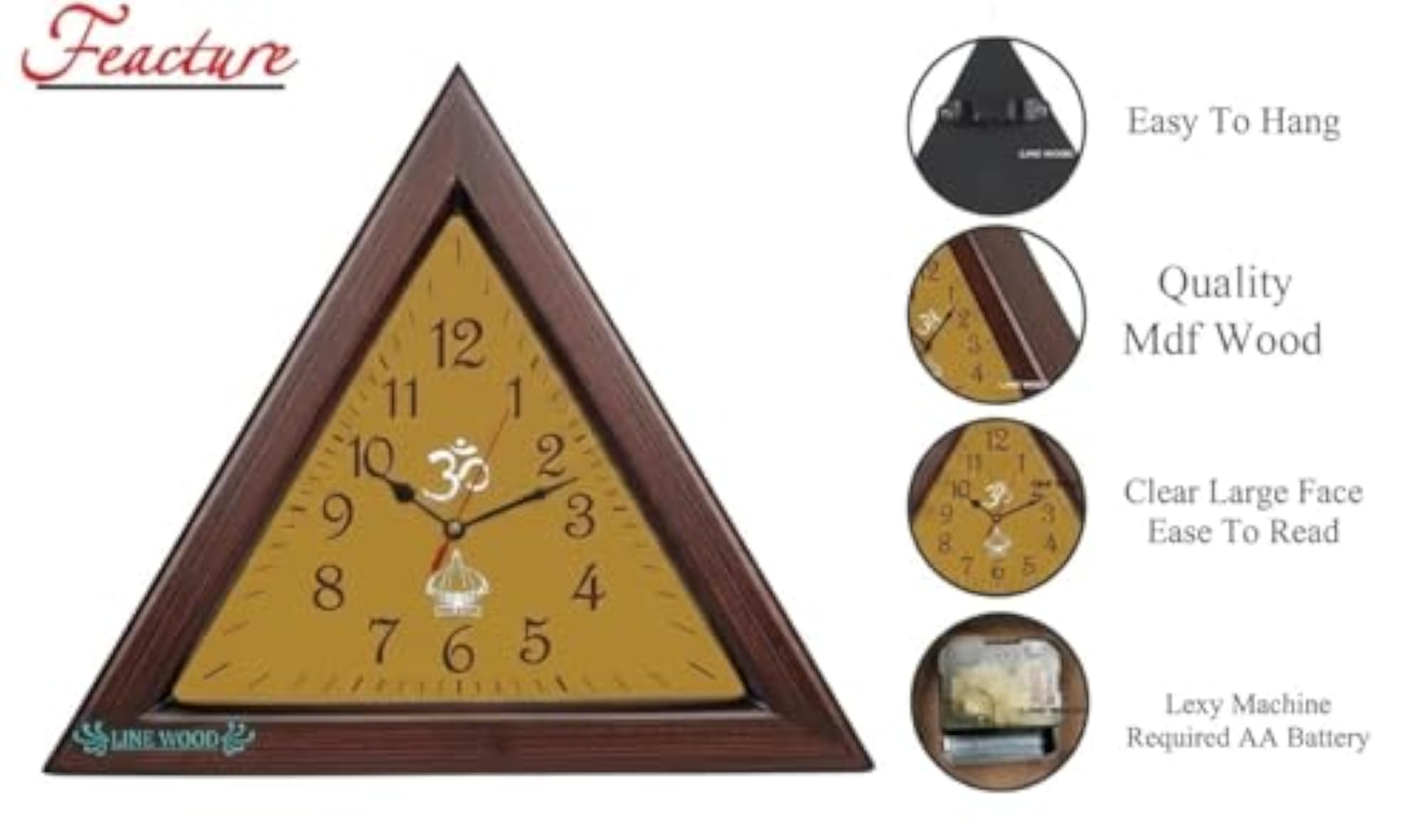 Handmade Triangular Wooden Wall Clock, 12 Inch