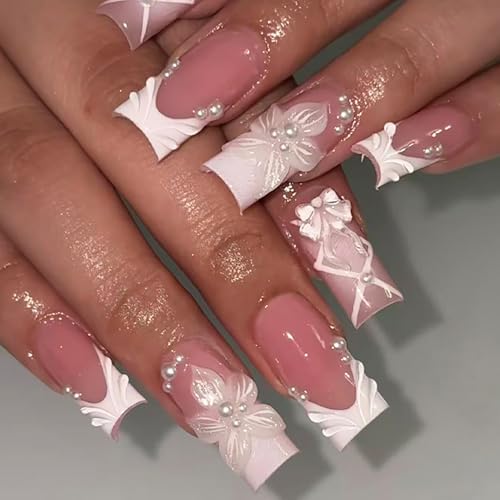 24pcs White French Tip Press on Nails Long Coffin Fake