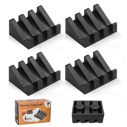 Coipdfty Soap Dish Holder for Shower with Suction Cup, Silicone Soap Holder & Saver Self-Draining Bar Soap Dish Keeps Soap Dry for Bathroom, Kitchen, Bathtub (N-Black - 4 Pack)