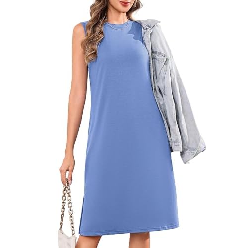 Totatuit Summer Dresses for Women 2026 Casual Crewneck Sleeveless Split Hem Loose Tank Dress with Pocket Blue X-Large