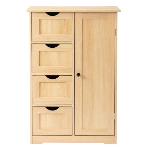Image of Vasitelan Bathroom Wooden Floor Cabinet, Side Storage Organizer with 4 Drawers and 1 Cupboard, Freestanding Entryway Storage Unit Console Table,22 inch W x 11.8 inch D x 31.5 inch H (Wood Color1)