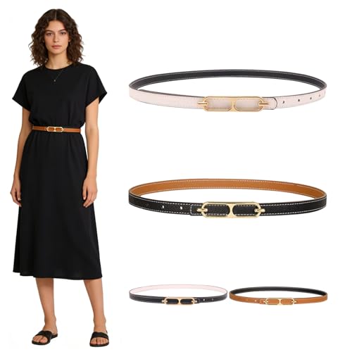FOSDICK 2 Piezas Cinturon Mujer, Moda Casual Cinturones de Mujer, Cinturón Fino de Cuero PU, con Hebilla de Metal, Reversible Cinturones Mujer para Jeans, Vestidos, Abrigos (Negro, Marrón, Blanco)