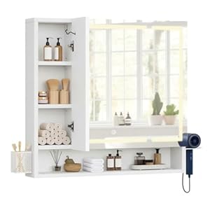 YITAHOME Spiegelschrank Bad mit Beleuchtung, 3 Türen LED Badezimmer Spiegelschrank mit Steckdosen, Hängender Badezimmerschrank, Wandschrank, Badezimmerspiegel, 80W x 15D x 75H cm, Weiß