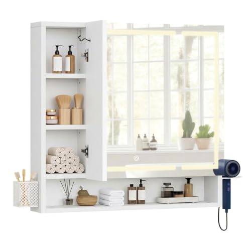 YITAHOME Spiegelschrank Bad mit Beleuchtung, 3 Türen LED Badezimmer Spiegelschrank mit Steckdosen, Hängender Badezimmerschrank, Wandschrank, Badezimmerspiegel, 80W x 15D x 75H cm, Weiß