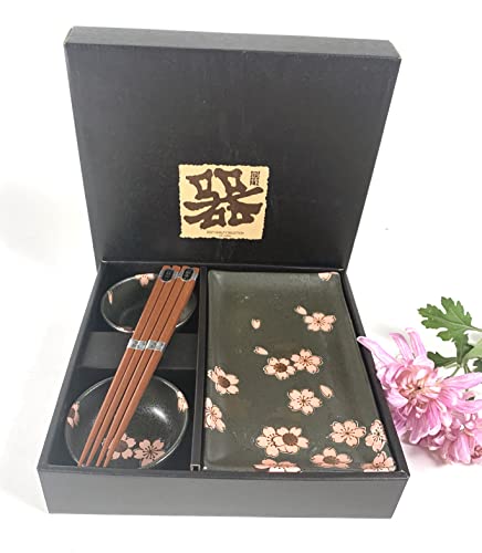 Japanbargain 4699, Japanese Sushi Set Porcelain Sushi Plates Soy Sauce Dipping Bowls And Chopsticks Gift Set, Black And Pink Color Cherry Blossom Pattern, Made In Japan #TOP2