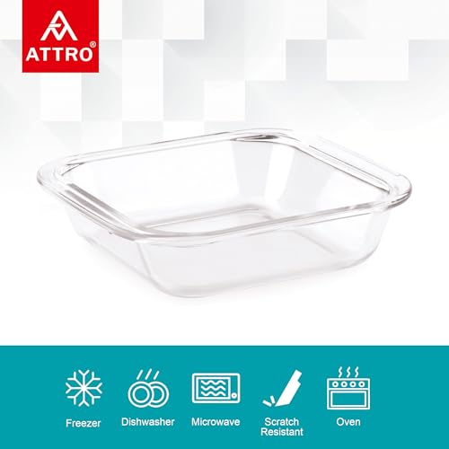 Image of ATTRO Glassox Borosilicate Square Glass Baking Dish Micorwave Oven Safe Freezer Safe Baking Tray Serving Dish Bakeware- 850ml, Transparent