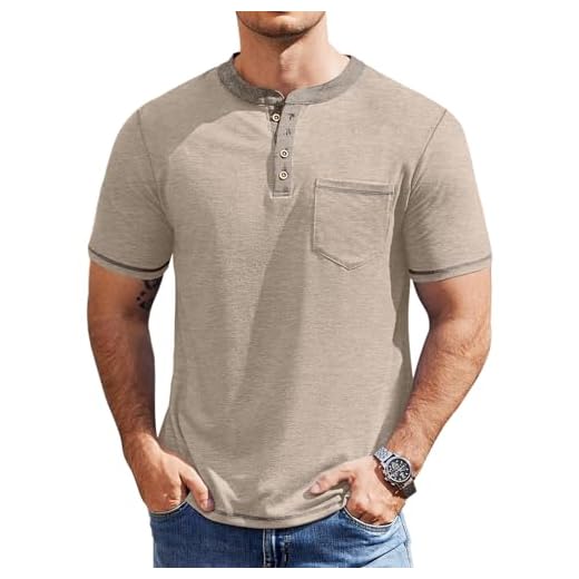 COOFANDY Camisetas masculinas Henley manga curta casual botão camisetas básicas verão vintage camisetas com bolso, Caqui, GG