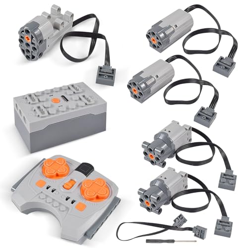 AUEJACKY Power Functions Set, 8-Teiliges Elektrisch Spielzeug Motor, Power Funktion Zubehör mit Motor, Fernbedienung, Batteriebox, Servomotor, Extension Wire mit Vielen Modellen