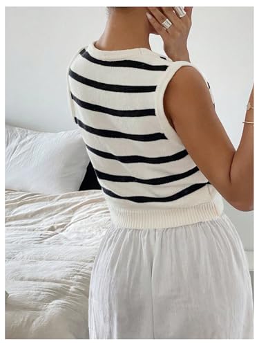 GORGLITTER Women's Striped Button Up Cropped Sweater Vest Sleeveless V Neck Boho Knitted Tank Tops2