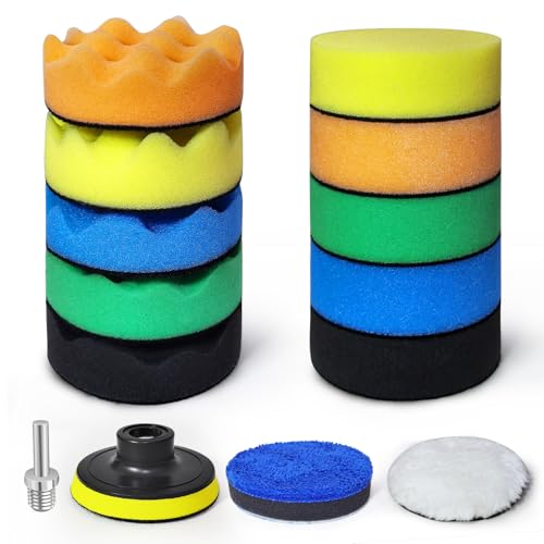 YOTTJZHI Buffing Sponge Pads, 3 Inch Polishing Pads, 14PCS Detail Polishing Kit, Car Polishing Foam Wool Pads Wax Buffer Polisher Attachment with M14 Thread Backing Pad Adapters for Waxing