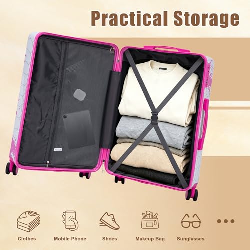 Image of Hardside Luggage Sets, Lightweight Stripes Suitcase with Spinner Wheels, Pink-PC