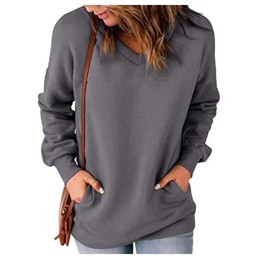DJT FASHION Womens Fleece Sweatshirt for Women Casual Shirts V Neck Long Sleeve Tops Pullover with Pockets XX-Large Dark Grey