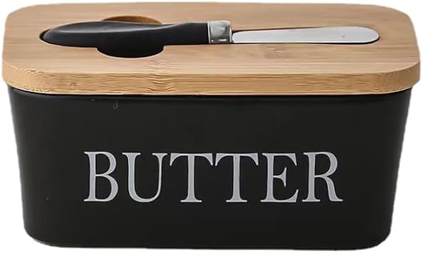 Butter Churner Hand Crank Mason Jar Countertop Ceramic Butter Container with Knife Holder Spreader Double Silicone Seals Black