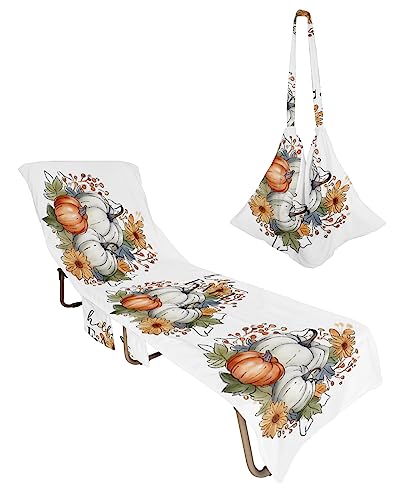 Hello Fall Pumpkin Beach Chair Towel Covers for Chaise Lounge with Side Pocket, Soft Plush Pool Towels Cover for Patio Sunbathing Outdoor 29''x85'' Autumn Thanksgiving Sunflower White