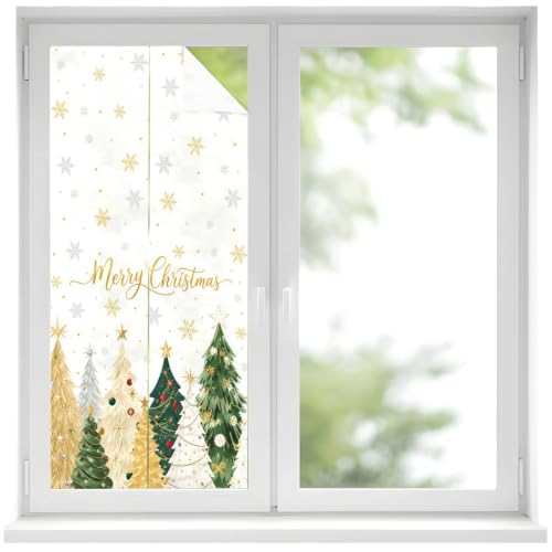 Window Privacy Film, Merry Christmas Stained Glass Films Static Clings, Xmas Pine Trees Snowflake Winter Farmhouse Bathroom Window Stickers, Non Adhesive Decorative Windows Films, 19.6 x 39.3 in