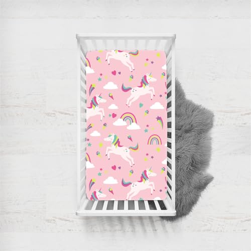 Odot Sábana Bajera Bebé Cuna y Minicuna Unicornio Rosa Niña Sabanas Ajustable de Microfibra, Bebé Ropa de Cama Universal para Cama Ovalada, Reloj de Arena y Colchón Rectangula (Color K,70x140cm)