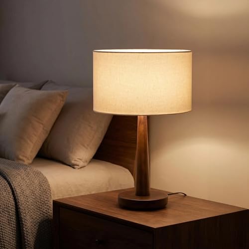 Dimmable Walnut Wood Table Lamp with Linen Shade