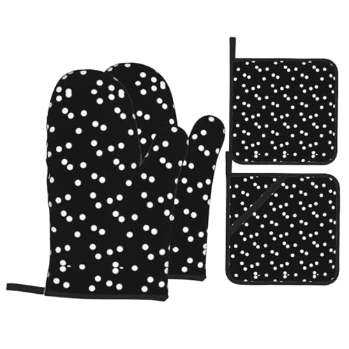 Juego de 4 manoplas de horno con estampado de lunares blancos y negros para cocinar, cocinar a la parrilla