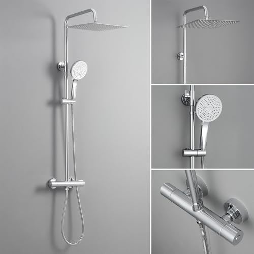 Auralum Colonne de Douche avec Mitigeur Thermostatique, Douche Pluie en Acier Inoxydable 30 x 30 cm, Douchette à 5 Modes, Barre de Douche Extensible (Chromé)