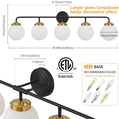 Image of Bathroom Light Fixtures 39in 5-Light Black Gold Vanity Lights for Mirror | Bathroom Lighting Fixtures over Mirror, ETL, Brushed Brass Wall Sconce, Dimmable E12 Base Max 60W, Milky Glass Ball Shades