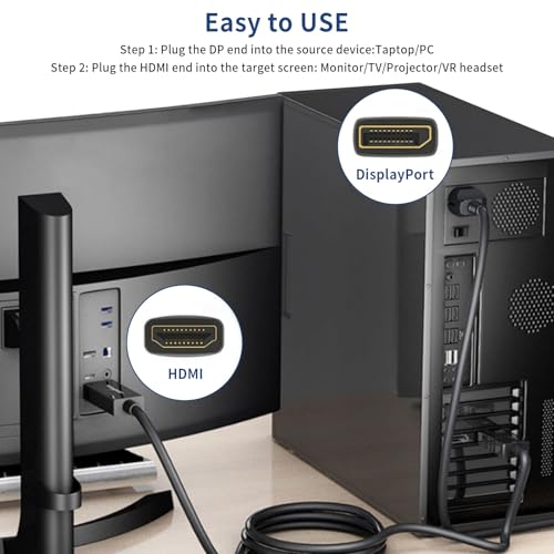 4K Câble DisplayPort vers HDMI 1,8 m - Unidirectionnel DP(Source) vers HDMI(Affichage), 4K@30 Hz/2K@60 Hz 1080p avec taux de rafraîchissement rétrocompatible pour Moniteurs Dell HP et CG AMD NVIDIA – vue 4