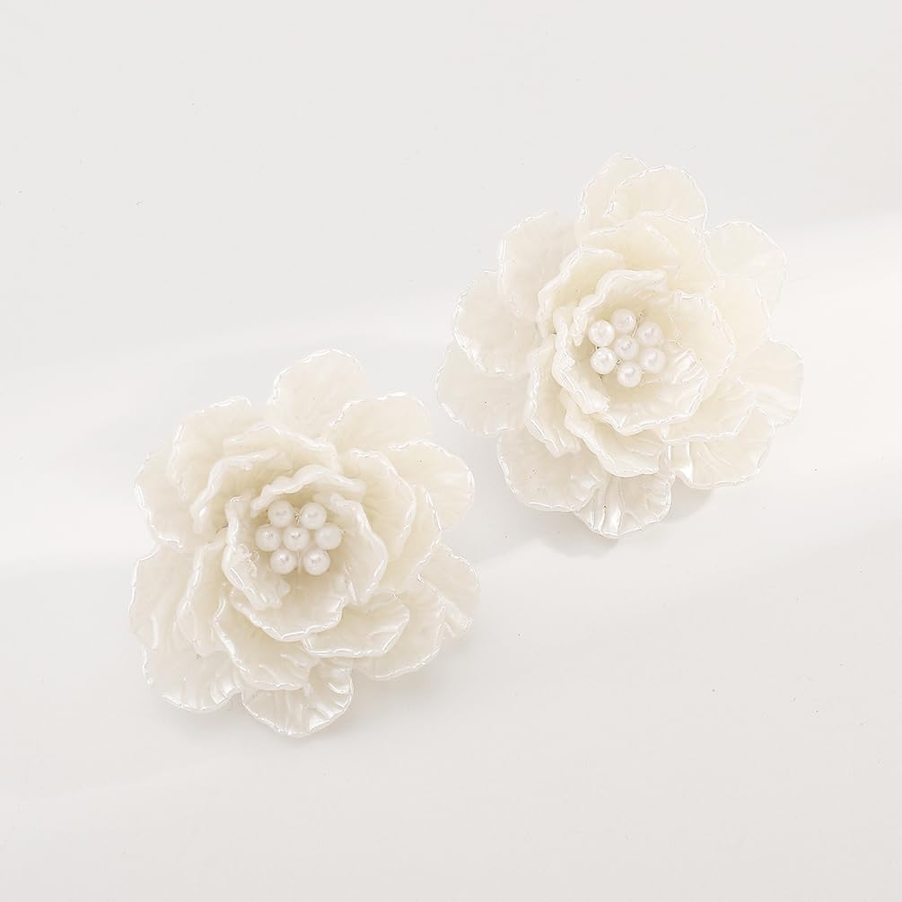 Dainty Large White Shell Pearl Flower Stud Earrings for Women, Vintage Boho Acrylic Big Camellia Floral Earring Fashion Statement Party Jewelry Gifts - Image 6