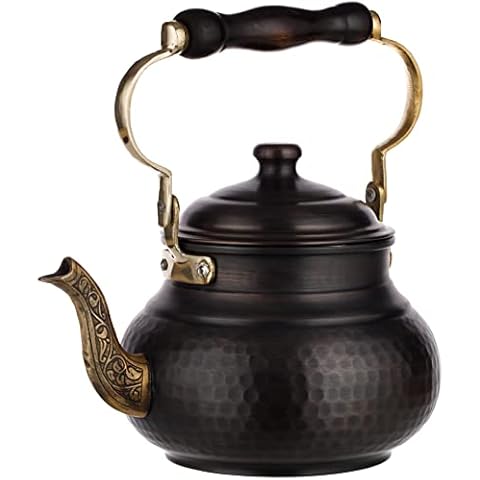 DEMMEX 1mm Thick Solid Hammered Copper Handmade Tea Pot Kettle Stovetop Teapot, 1.5Qts (Antiqued Copper) Cover