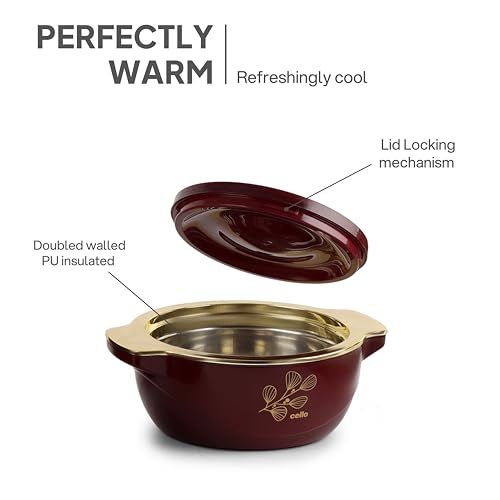 Image of CELLO Radiant Set of 3 Pcs Insulated Steel Casserole Hot Box For Kitchen, Burgundy (500ml, 1000ml, 1500ml) | Airtight Hot Pot Case Keeps Food Hot & Warm, Casserole Set For Roti Chapati Rice Biryani