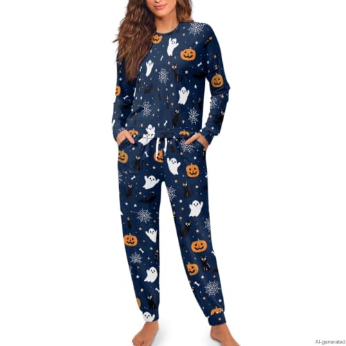 Image of Women's 2 Piece Printed Pajama Set Long Sleeve Sleepwear Set with Long Pants Casual Lounge Sets with Pocket