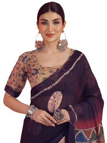 Image of Satrani Women's Linen Printed Saree with Unstitched Blouse Piece