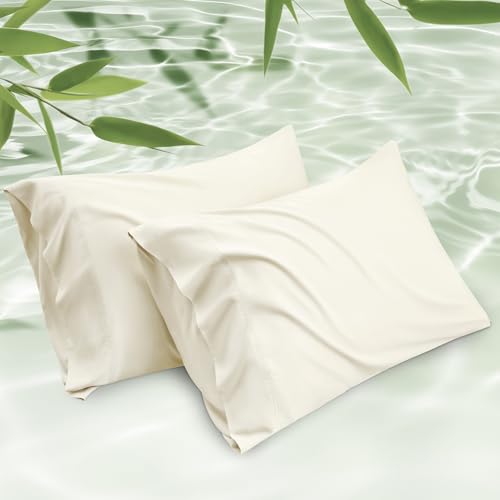 Bedsure Pillow Cases Queen, Cooling Pillow Cases, Rayon Derived from Bamboo Cream Pillowcases Queen Size Set of 2, PureWoven Silky Soft Bedding Pillow Covers with Envelope Closure, 20x30 Inches
