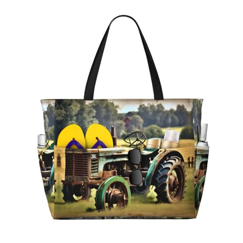 Sac à bandoulière imperméable tracteur, grand sac fourre-tout de plage noir d'été