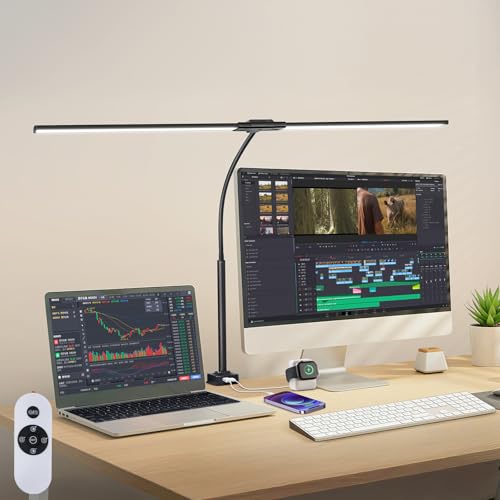 OUTON Lámpara de Escritorio LED 85,5 cm de Doble Cabezal – 1600LM, con USB A y C   Recargable, Regulable sin Escalones, 5 Tonos de Color, Temporizador y Memoria, para Oficina y Pantalla (Negro)