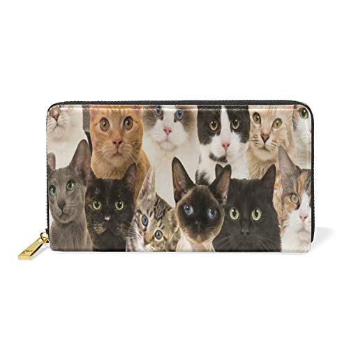 Portefeuille long pour femme en cuir véritable zippé, le cadeau parfait motif chat original