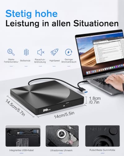 varkda Externes CD DVD Laufwerk USB 3.0 & USB-C Brenner für Laptop PC Mac – Ansicht 2