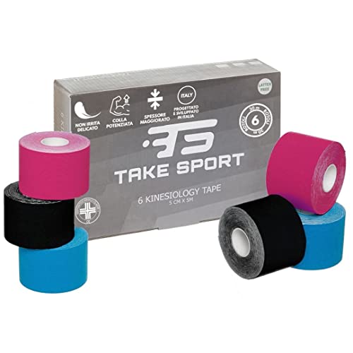 TS Take Sport® Kinesiology Tape 5 cm x 5 m – Pack de 6 rouleaux couleurs assorties, kinesio tape élastique en coton et élasthanne, bande kinésiologie...