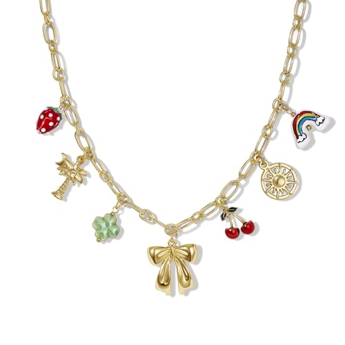 KissYan Charm Necklace for Women, 14K Gold Plated Heart Starfish Sun Pendant Fashion Link Chain Boho Summer Beach Jewelry Gifts (Sweet)