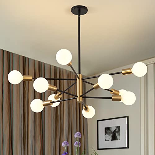 KAISITE Modern Chandelier Dining Room Light Fixture Over Table 10-Light Sputnik Chandelier Ceiling Light Fixture Height Adjustable Black and Gold Mid Century Pendant Lighting for Kitchen Living Room by KAISITE - Used condition - US$56.93