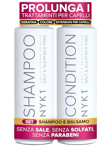 NYK1 Set Di Shampoo Senza Solfati E Balsamo (500ml x 2) Set Di Shampoo Senza Sale Post Cheratina E Balsamo Per Extension E Capelli Colorati - Detersione Delicata E Previene La Rottura Dei Capelli