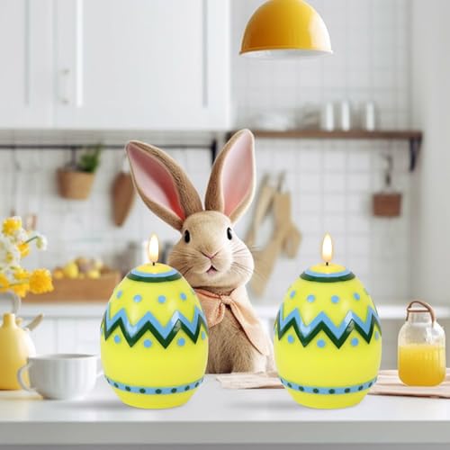 Image of Easter Flameless Candles Battery Operated with 6 Hour Timer Battery Operated Real Wax Color Painted Easter Egg Shaped LED Flickering Candles Dinner Spring Holiday Decor(Yellow, 2.4 inchD x 6.3 inchH)