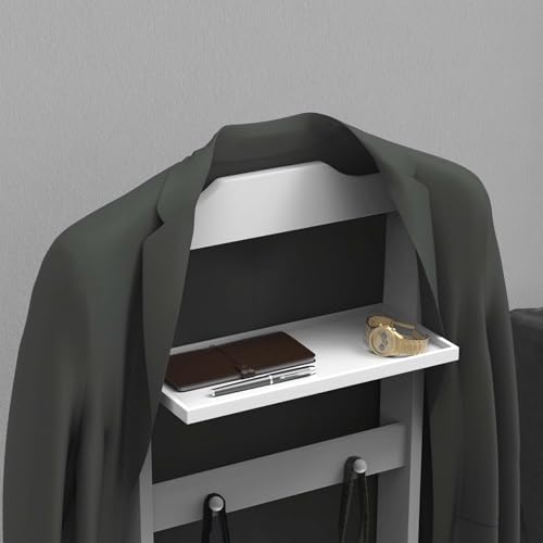 Wood Mens Valet Stand,Freestanding Suit Stand&Clothes Butler Valet Stand with Hanger,Tie&Belt Hooks,Shoe Rack,Storage Organizer for Keys,Watches,Wallet,Jewelry in Entrance,Bedroom (Style1, White) - Thumbnail 6